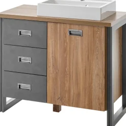 Home affaire Waschtisch »Detroit, Unterschrank mit Apothekergriff, Badschrank, Industrialdesign« Eiche Dekor, mit Stauraum, inkl. Mineralguss-Waschbecken, Breite 91 cm