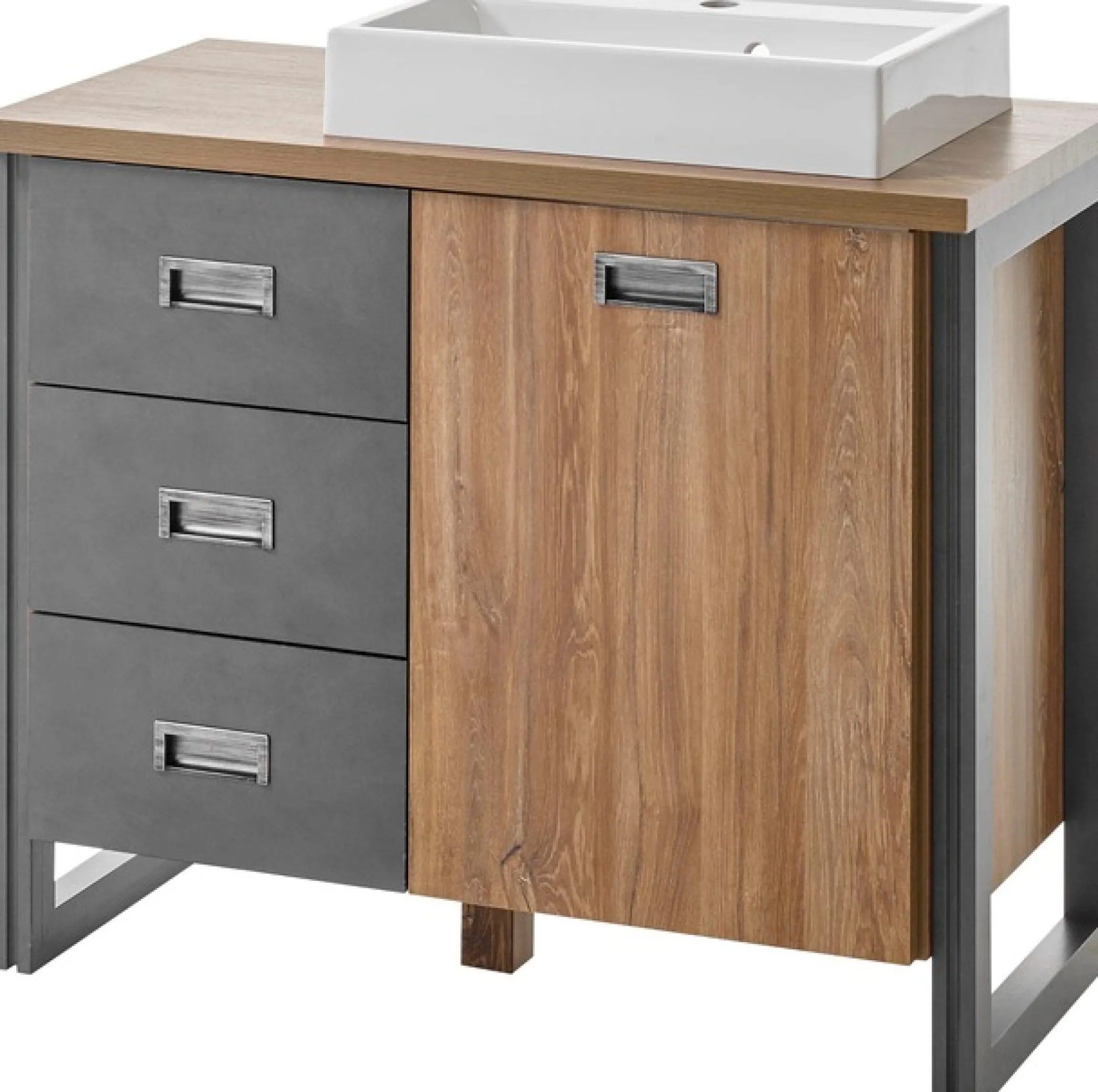 Home affaire Waschtisch »Detroit, Unterschrank mit Apothekergriff, Badschrank, Industrialdesign« Eiche Dekor, mit Stauraum, inkl. Mineralguss-Waschbecken, Breite 91 cm