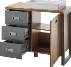 Home affaire Waschtisch »Detroit, Unterschrank mit Apothekergriff, Badschrank, Industrialdesign« Eiche Dekor, mit Stauraum, inkl. Mineralguss-Waschbecken, Breite 91 cm