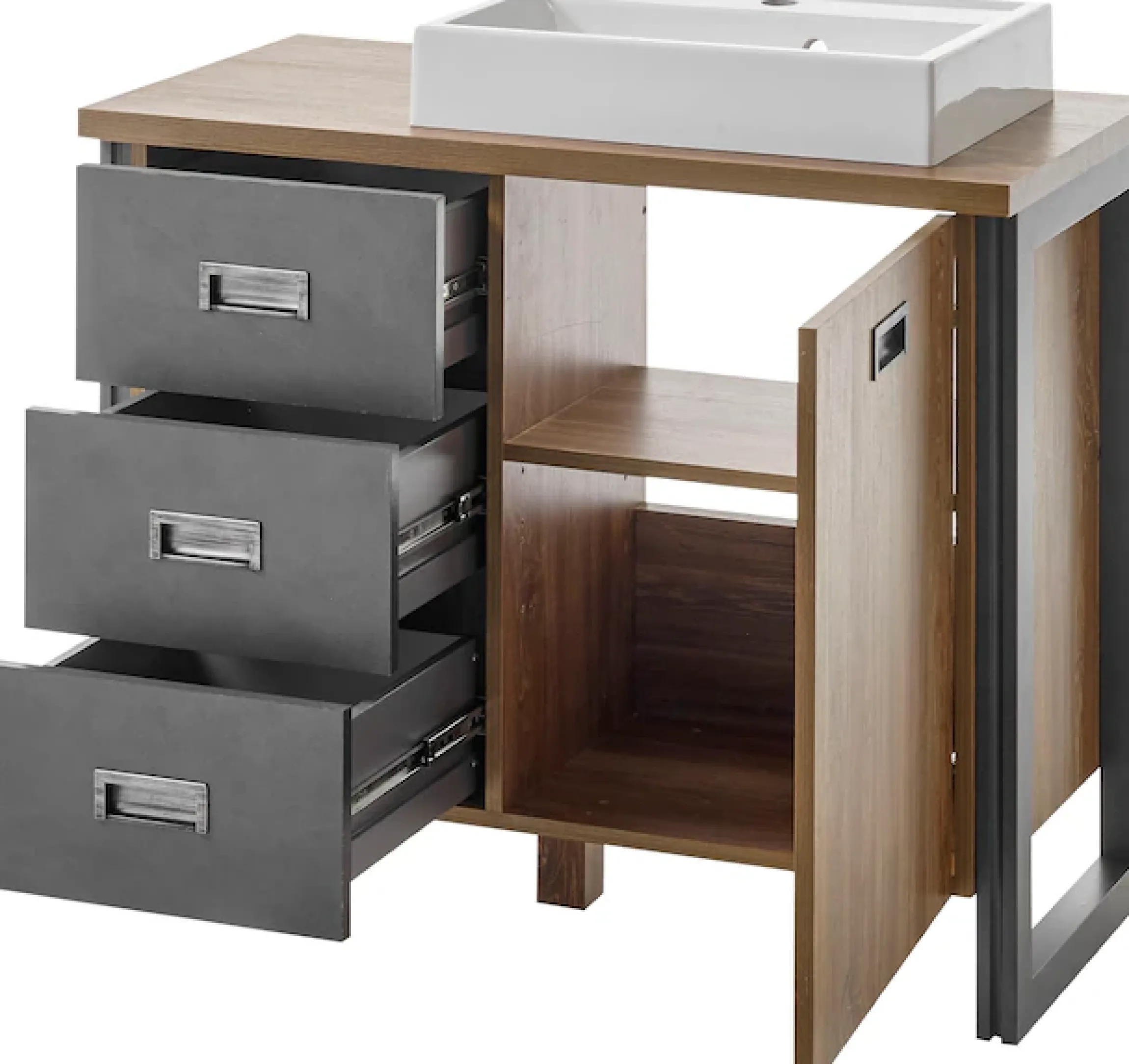 Home affaire Waschtisch »Detroit, Unterschrank mit Apothekergriff, Badschrank, Industrialdesign« Eiche Dekor, mit Stauraum, inkl. Mineralguss-Waschbecken, Breite 91 cm