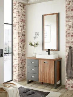 Home affaire Waschtisch »Detroit, Unterschrank mit Apothekergriff, Badschrank, Industrialdesign« Eiche Dekor, mit Stauraum, inkl. Mineralguss-Waschbecken, Breite 91 cm