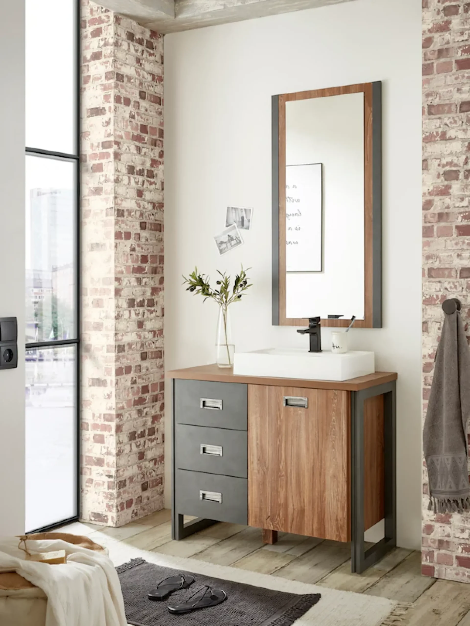 Home affaire Waschtisch »Detroit, Unterschrank mit Apothekergriff, Badschrank, Industrialdesign« Eiche Dekor, mit Stauraum, inkl. Mineralguss-Waschbecken, Breite 91 cm