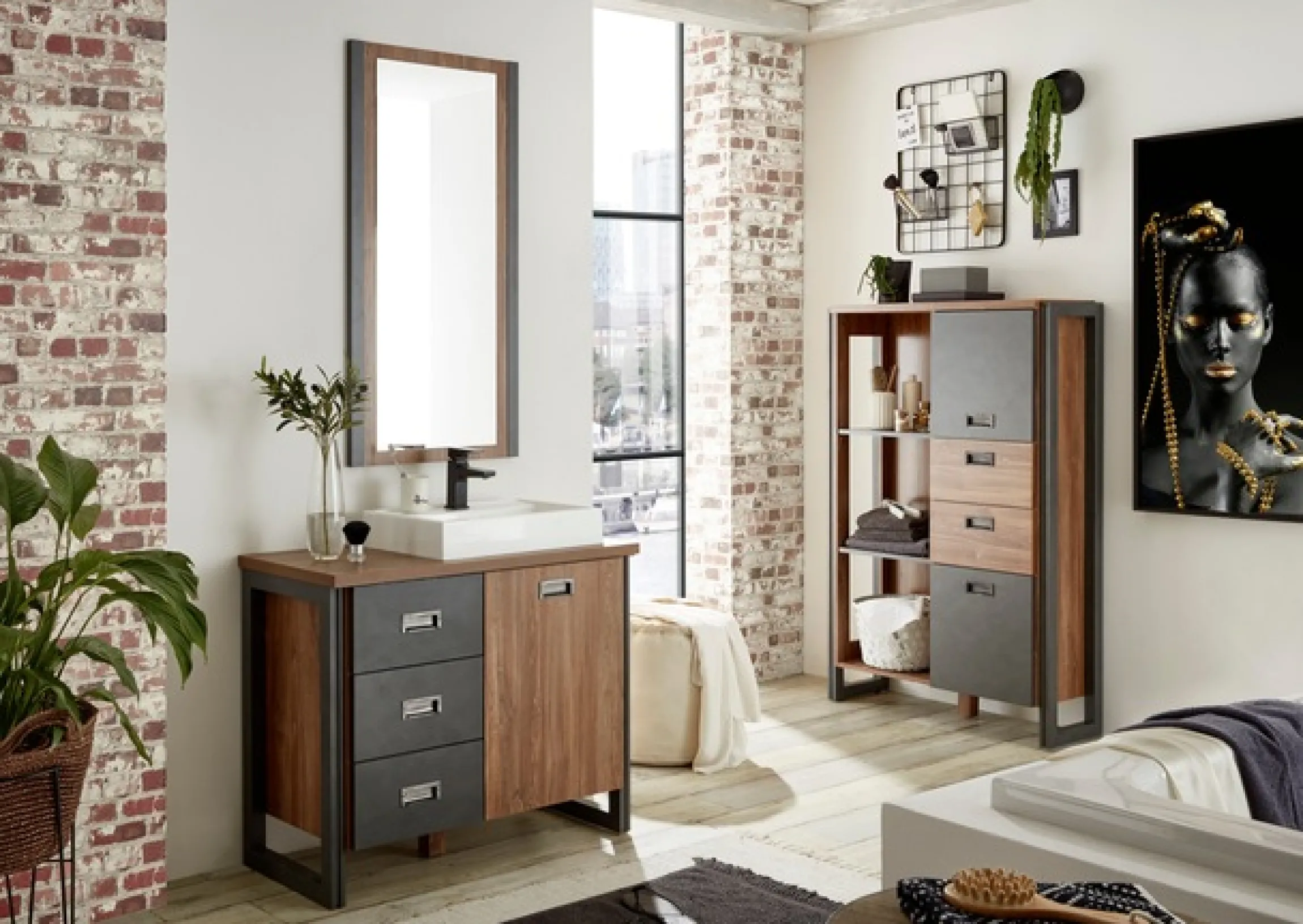 Home affaire Waschtisch »Detroit, Unterschrank mit Apothekergriff, Badschrank, Industrialdesign« Eiche Dekor, mit Stauraum, inkl. Mineralguss-Waschbecken, Breite 91 cm