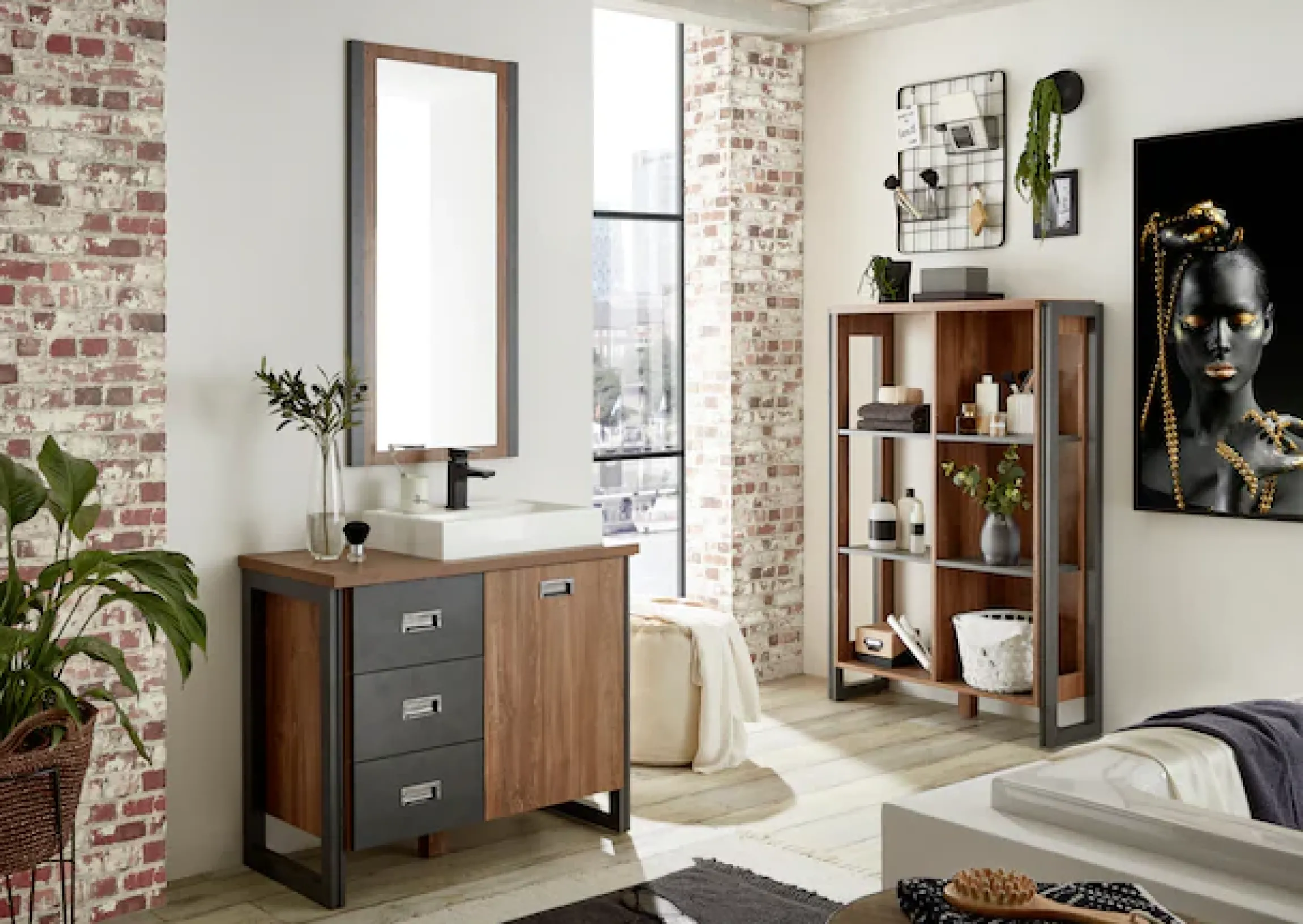 Home affaire Waschtisch »Detroit, Unterschrank mit Apothekergriff, Badschrank, Industrialdesign« Eiche Dekor, mit Stauraum, inkl. Mineralguss-Waschbecken, Breite 91 cm