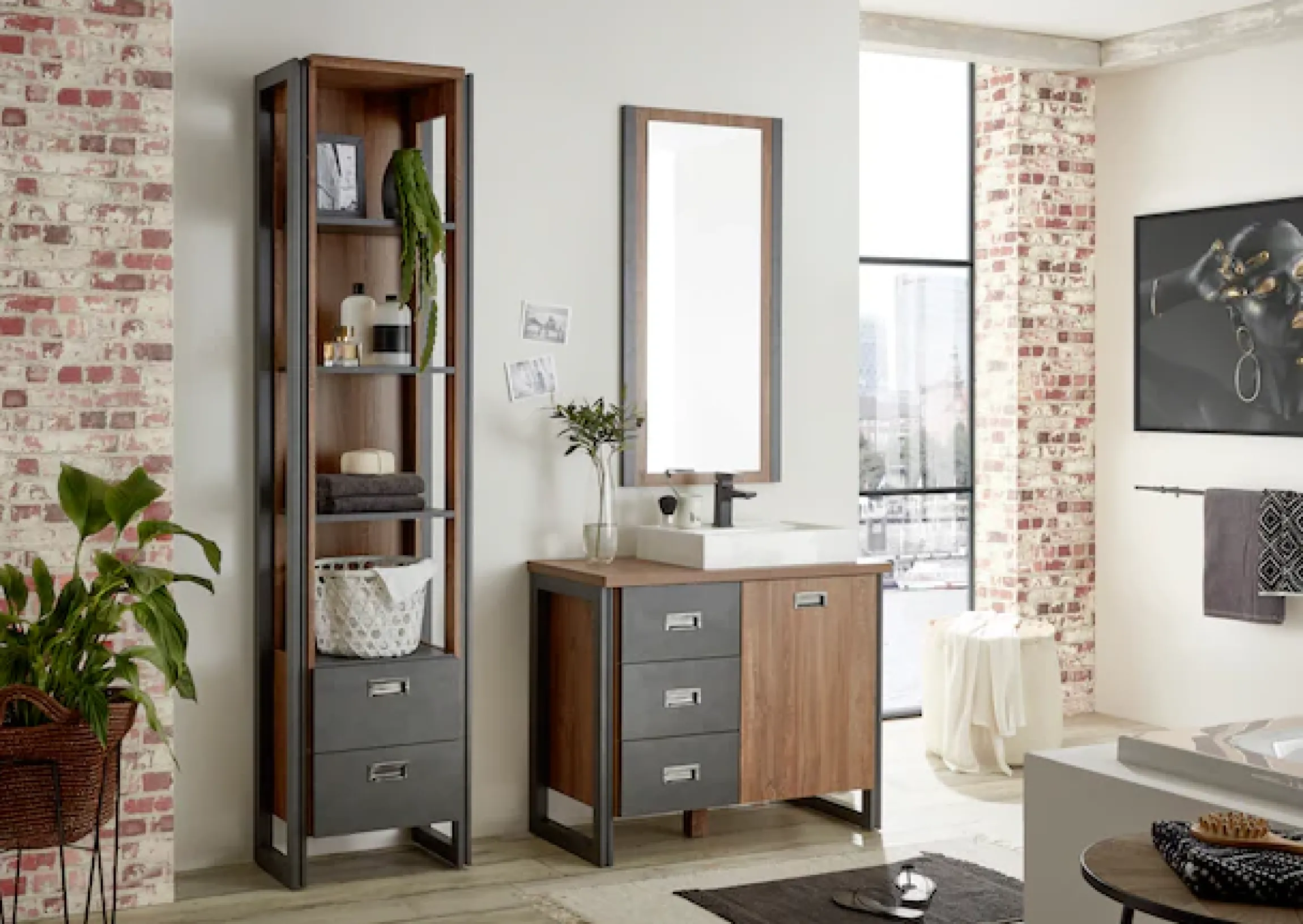 Home affaire Waschtisch »Detroit, Unterschrank mit Apothekergriff, Badschrank, Industrialdesign« Eiche Dekor, mit Stauraum, inkl. Mineralguss-Waschbecken, Breite 91 cm