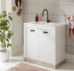 Home affaire Waschtisch »Florenz, Waschbeckenunterschrank inkl. Waschbecken, Metallgriffe« in Pinie Weiß, stehend, Breite 82 cm, inkl. Mineralgussbecken