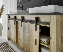 Home affaire Waschtisch »SHERWOOD, Waschbeckenunterschrank inkl. Waschbecken« 1 Stk. tlg. in 2 Farben verfügbar, Scheunentorbeschlag & Apothekergriff aus Metall