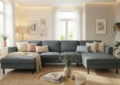 Home affaire Wohnlandschaft »Booster II, whlw. mit Schlaffunktion & Bettkasten, Fuß schwarz« Sofa in U-Form, Breite 305 cm, in Cord oder Struktur LEO o. LINO