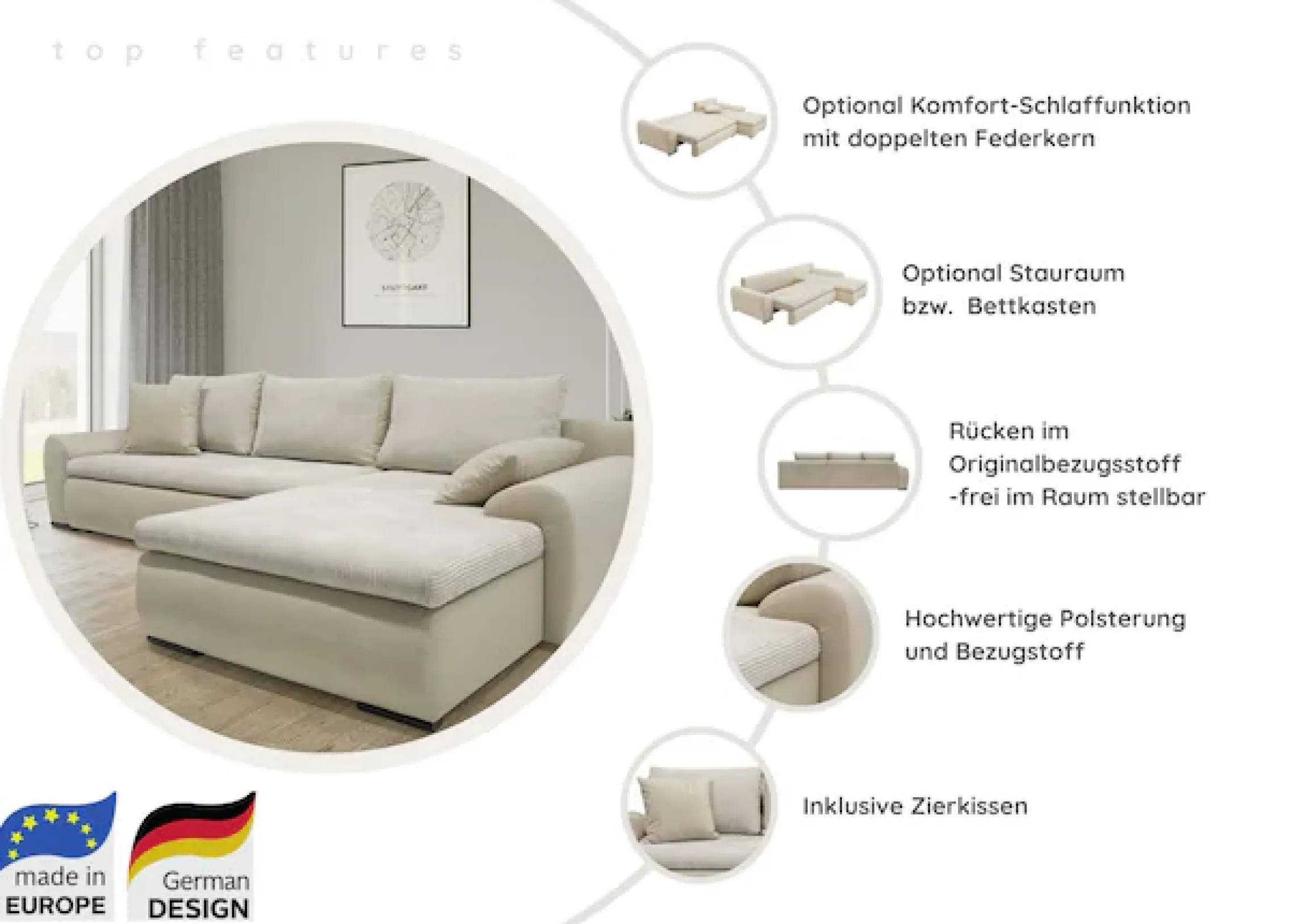 Home affaire Wohnlandschaft »Win U-Form, B: 366 cm - OTTO. Verlässliche Qualität.« Schlaffunktion, Bettkasten & 5 Zierkissen