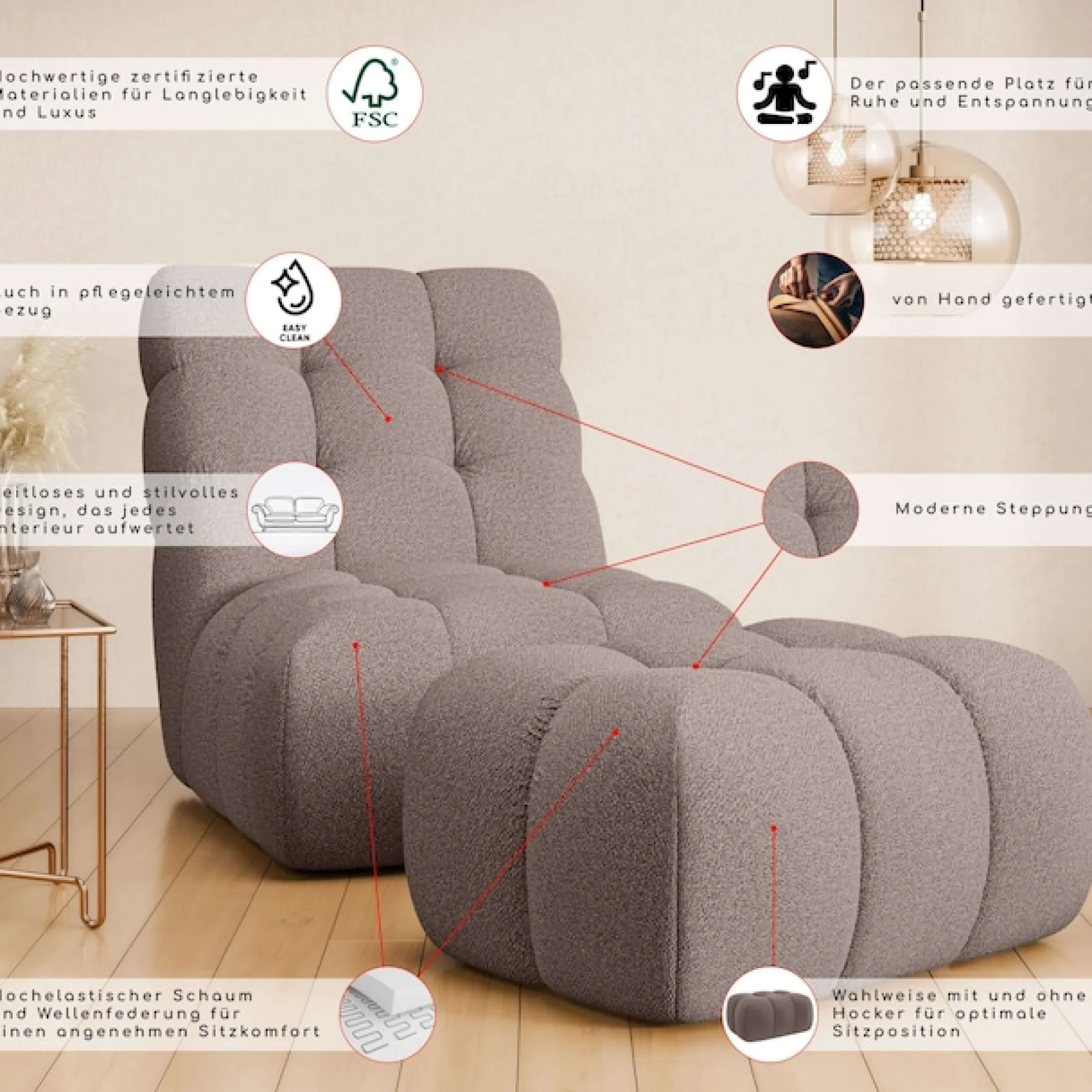 Home affaire XXL-Sessel »AURELIAN Loveseat XXL mit Hocker im Set, Lese-Sessel, Relaxsessel,« mit Wellenunterfederung, Struktur fein, Struktur grob, Velours