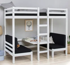 Hoppekids Hochbett »ECO Dream JUMBO B/T/H 101/208/170 cm, umbaubar zum Etagenbett« mit Sitzgruppe, Matratzen (oben u unten) in schwarz, Kiefer massiv/MDF