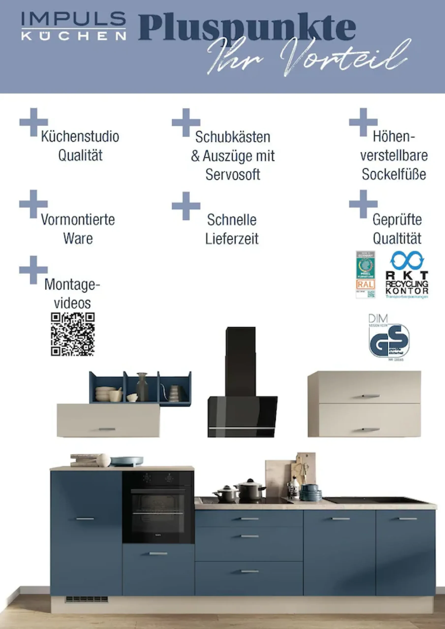 IMPULS KÜCHEN Küchenzeile »"Kopenhagen", Ausrichtung wählbar, Schubkästen mit Soft-Close« Set,vormontiert, wahlweise mit E-Geräten, Breite 260 cm