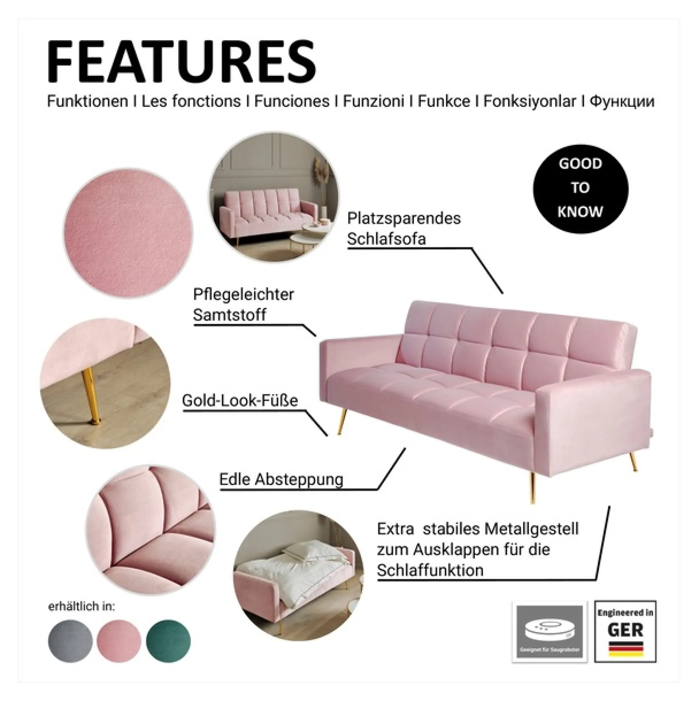 Jahnke Schlafsofa »CHILLAX POSH« mit Schlaffunktion, edler Samtstoff & Füße im Gold-Look, Breite 213 cm