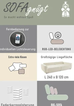 Jockenhöfer Gruppe Big-Sofa »Lumina, XXL, B: 294 cm, mit LED-RGB-Beleuchtung, Liegefläche 120x240cm« Mega-Sofa, inklusive Federkernpolsterung und 10 Kissen