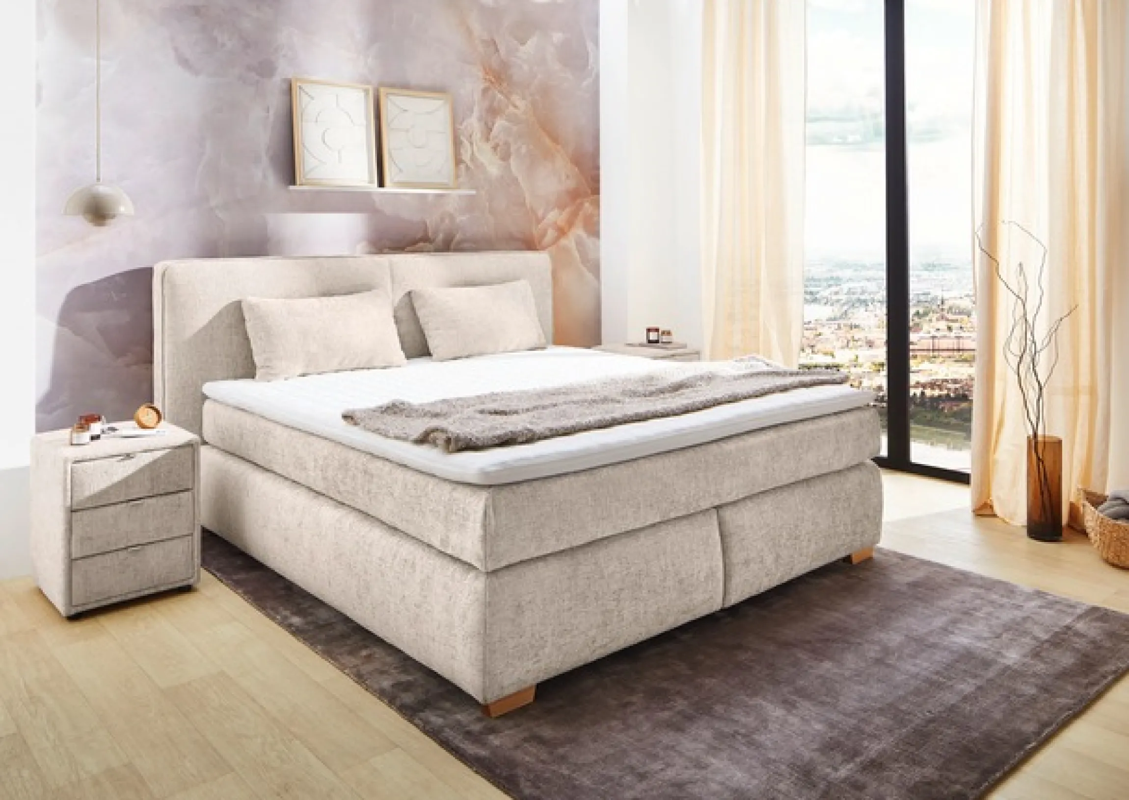 Jockenhöfer Gruppe Boxspringbett »Valentina in der Breite 180cm, beige, extra dickes Kopfteil mit Keder« 7-Zonen-TTFK-Matratzen, Visco-Topper, verschiedene Härtegrade wählbar
