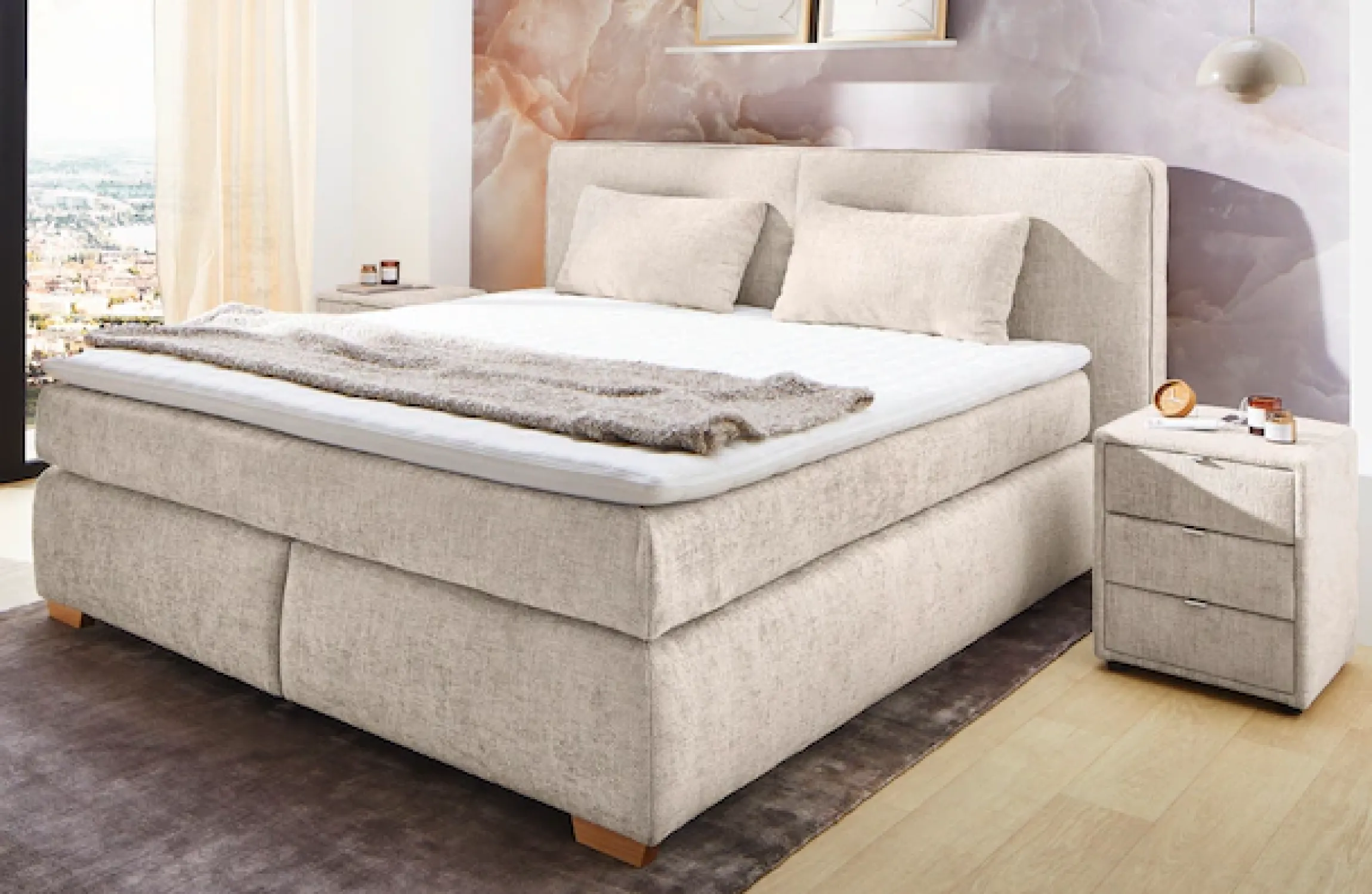 Jockenhöfer Gruppe Boxspringbett »Valentina in der Breite 180cm, beige, extra dickes Kopfteil mit Keder« 7-Zonen-TTFK-Matratzen, Visco-Topper, verschiedene Härtegrade wählbar