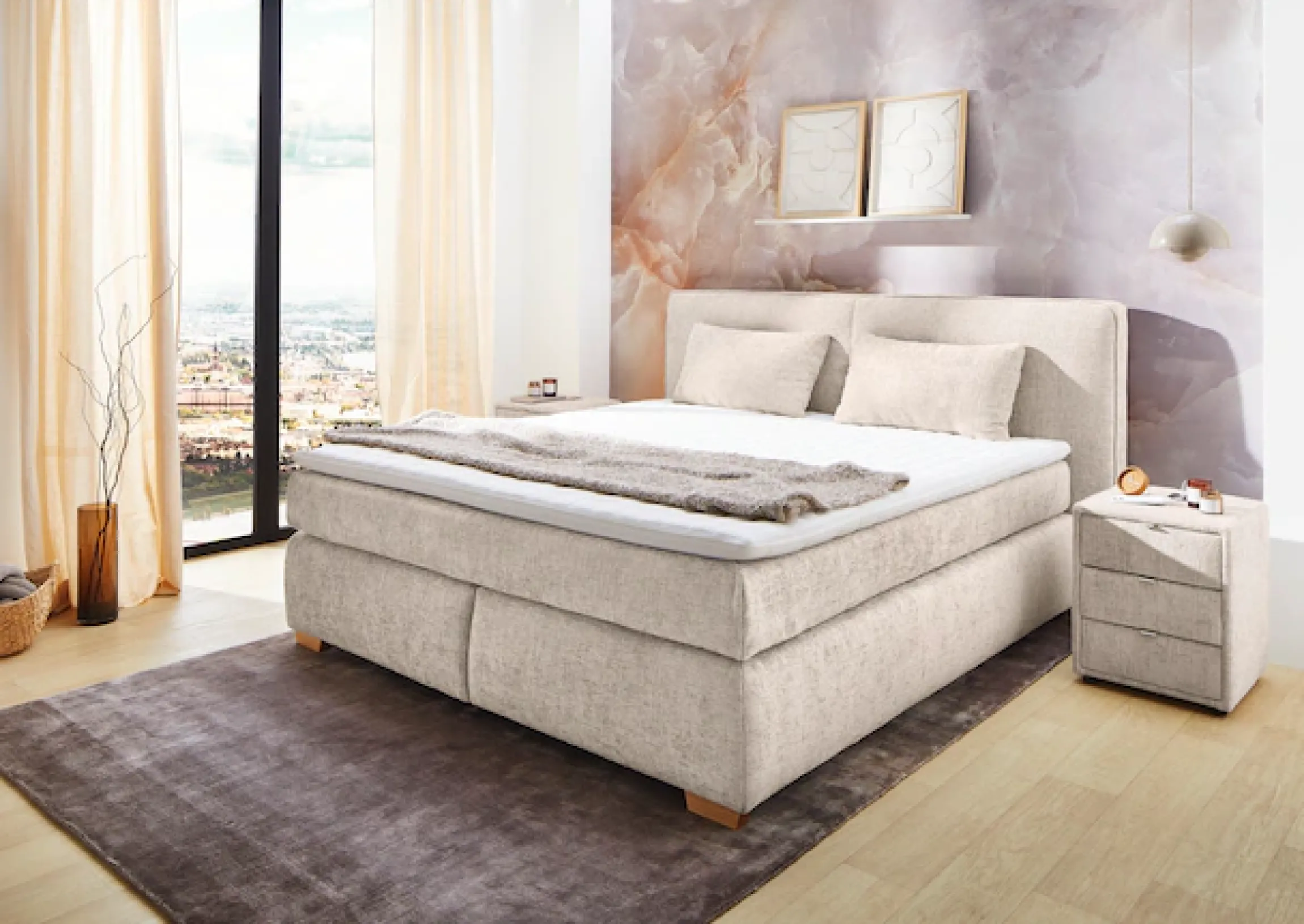 Jockenhöfer Gruppe Boxspringbett »Valentina in der Breite 180cm, beige, extra dickes Kopfteil mit Keder« 7-Zonen-TTFK-Matratzen, Visco-Topper, verschiedene Härtegrade wählbar