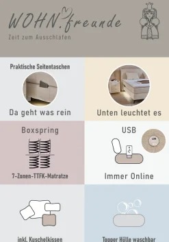 Jockenhöfer Gruppe Boxspringbett »KIRA, mit Taschenfederkernmatratze H3-H4 und Kaltschaum-Topper« inkl. LED-Beleuchtung & USB-Ladeports, Chenille Stoff, 160/180x200cm