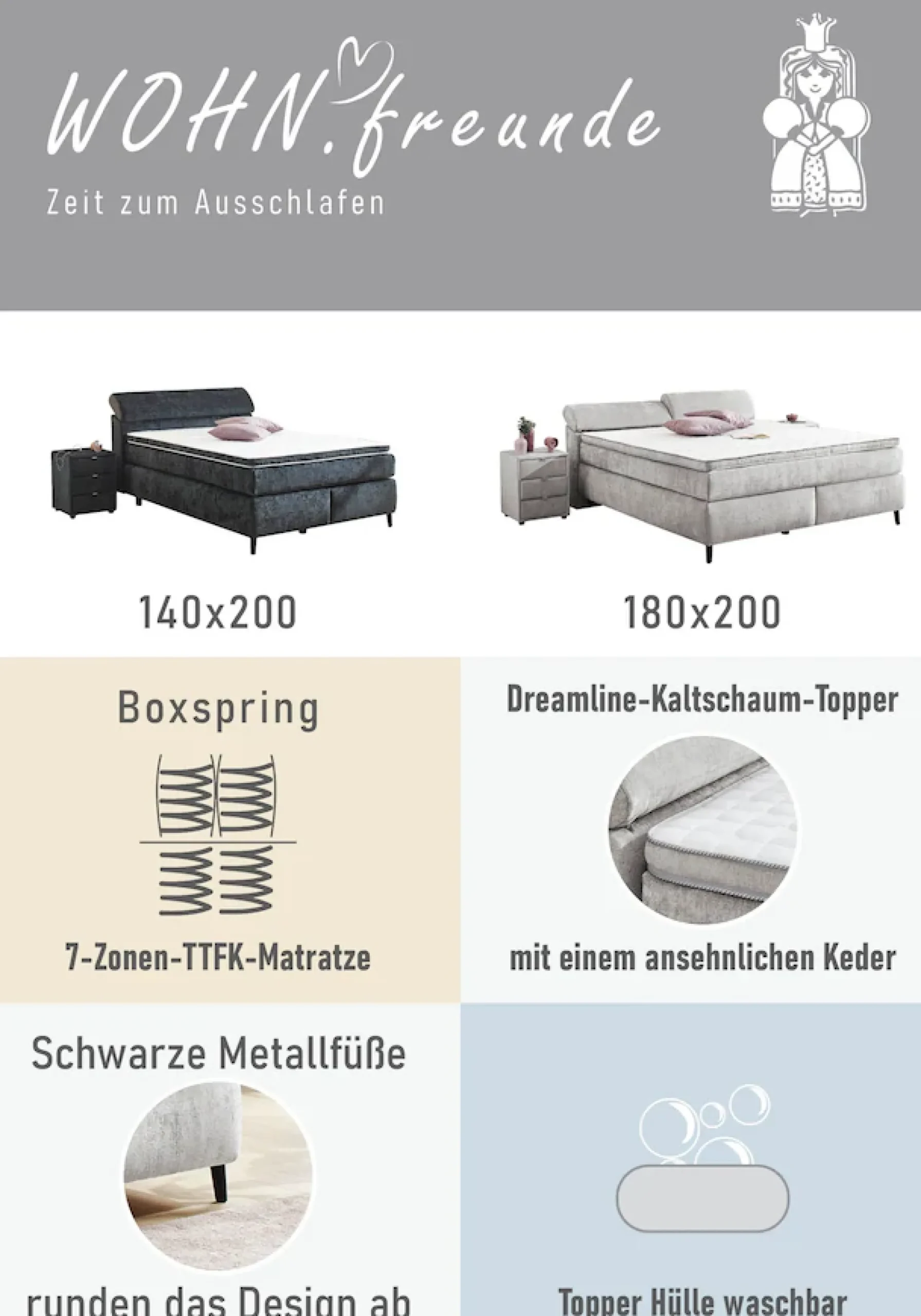 Jockenhöfer Gruppe Boxspringbett »Diva, inkl. 7-Zonen-TTFK-Matratze« Kopfteil höhenverstellbar, KS-Topper