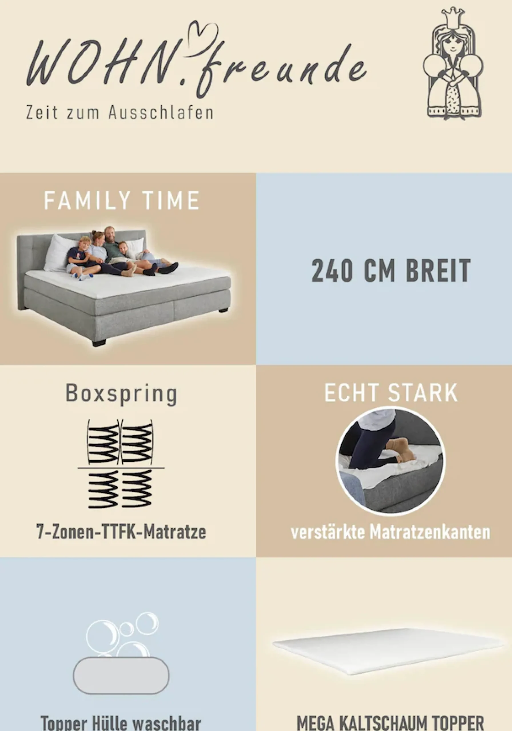 Jockenhöfer Gruppe Boxspringbett »FAMILY, Familienbett mit Taschenfederkernmatratze H3« mit Kaltschaum-Topper, hochwertiger Microfaser-Bezug, 240x200 cm