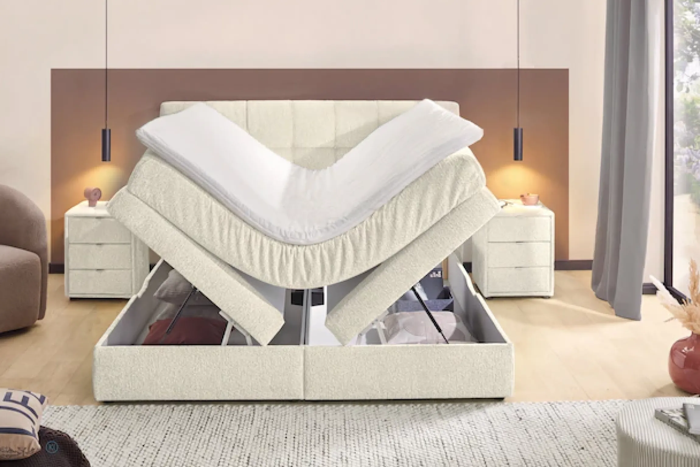 Jockenhöfer Gruppe Boxspringbett »AMY mit Bettkasten, inkl. Taschenfederkernmatratze Härtegrad H3-H4« mit 6 cm Kaltschaum-Topper, Chenille-Bezug, 180x200 und 200x200 cm