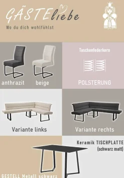 Jockenhöfer Gruppe Eckbankgruppe »Tisch, Bank und 2 Stühle, Taschenfederkern« Set, 4 tlg. Tisch (140x90cm) schwarz, Bank und Stühle anthrazit oder beige
