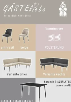 Jockenhöfer Gruppe Eckbankgruppe »Melvin (Set, 4-tlg. Tisch, Bank und 2 Stühle), Taschenfederkern« Set,Tisch (120x75cm) schwarz, Bank und Stühle anthrazit oder beige