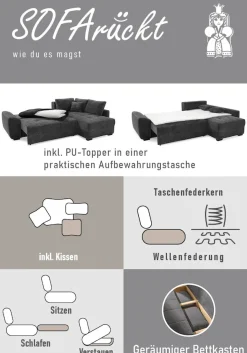 Jockenhöfer Gruppe Ecksofa »Amalfi, L-Form, B: 270 cm, Liegefl. 146x224 cm, Dauerschlafsofa« Tonnentaschen-Federkern, Topper, Bettkasten & Kissen