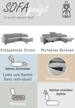Jockenhöfer Gruppe Ecksofa »Chillout L-Form, B: 288 cm, elektr. Relaxfunktion im Sitz und Ottomane« 140kg Belastbarkeit je Sitz, Kopfteilverstellung & Zierkissen