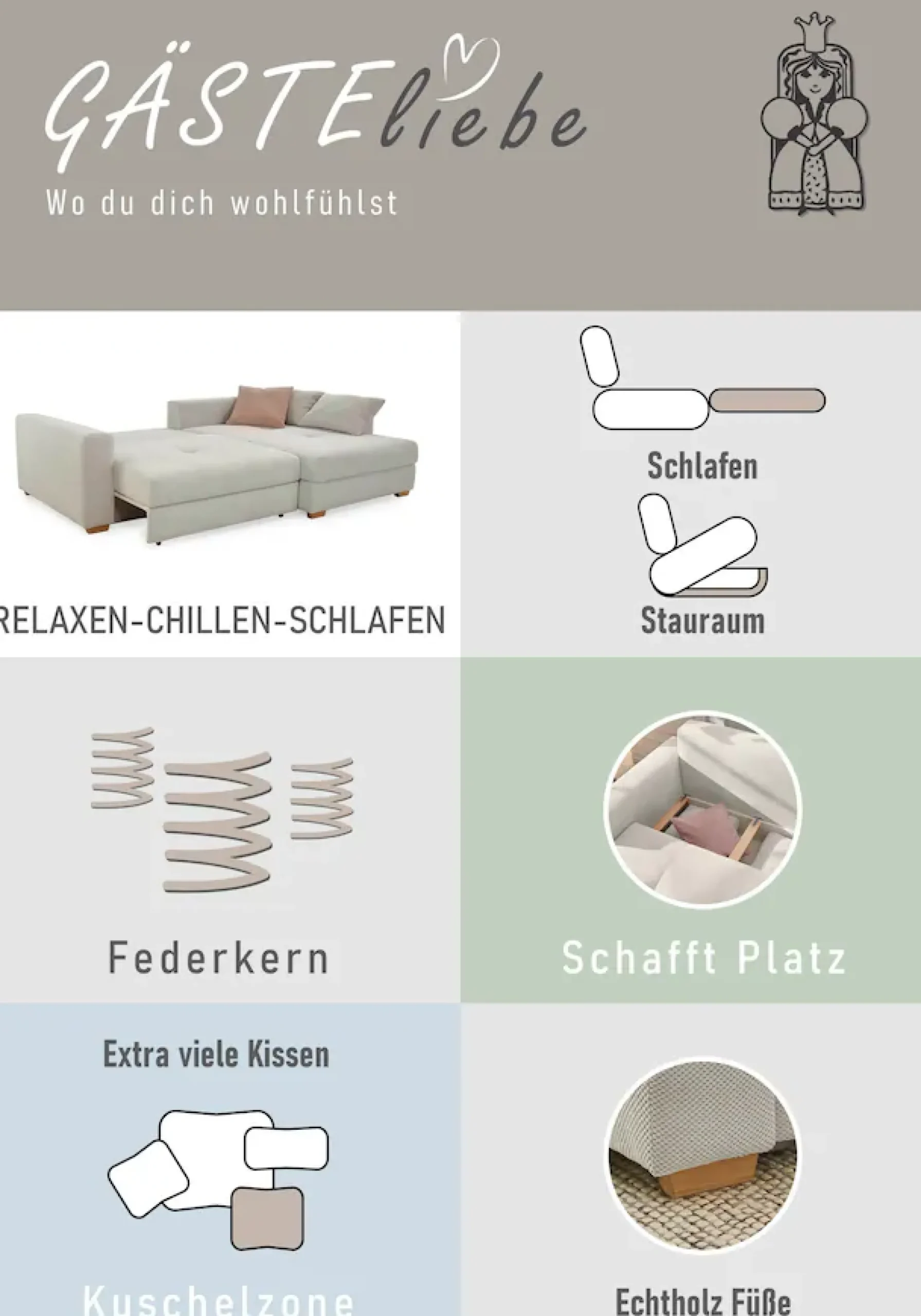 Jockenhöfer Gruppe Ecksofa »Kampen L-Form, B: 288 cm, Liegefl. 153x245 cm« mit Schlaffunktion, Bettkasten & Zierkissen, Federkern