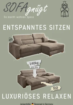 Jockenhöfer Gruppe Ecksofa »Slider L-Form, B: 277 cm Couch, 60cm elektrische Sitztiefenverstellung« 140kg Belastbarkeit, USB-Anschluss, Kopfteilverstellung & Zierkissen