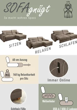 Jockenhöfer Gruppe Ecksofa »Slider L-Form, B: 277 cm Couch, 60cm elektrische Sitztiefenverstellung« 140kg Belastbarkeit, USB-Anschluss, Kopfteilverstellung & Zierkissen