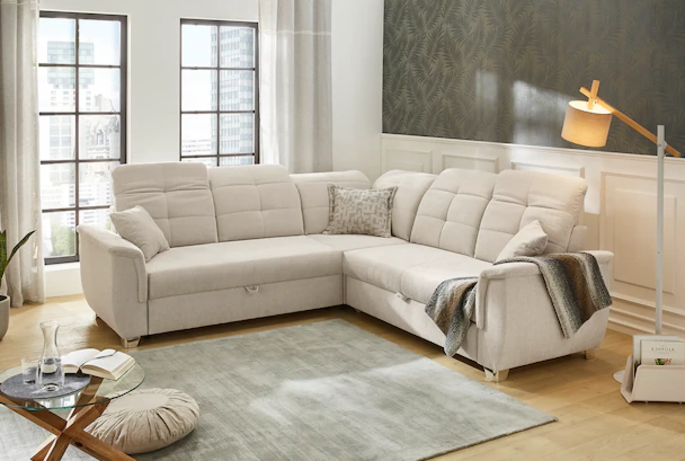 Jockenhöfer Gruppe Ecksofa »Udine L-Form, B: 263 cm« mit Schlaffunktion, Bettkasten, Kopfteilverstellung & Zierkissen