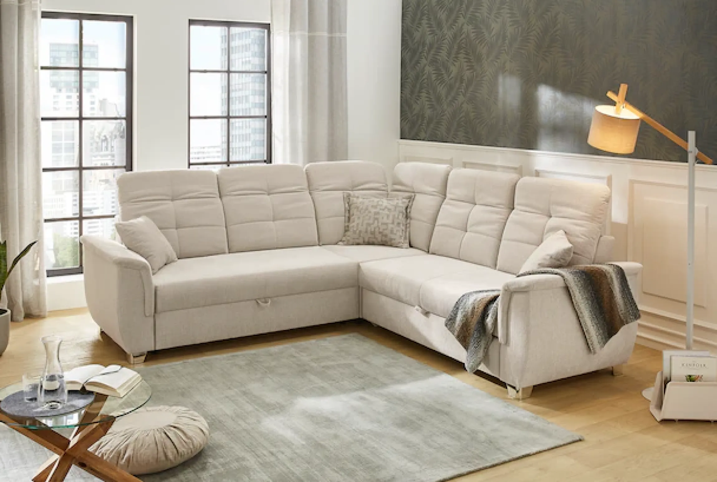 Jockenhöfer Gruppe Ecksofa »Udine L-Form, B: 263 cm« mit Schlaffunktion, Bettkasten, Kopfteilverstellung & Zierkissen