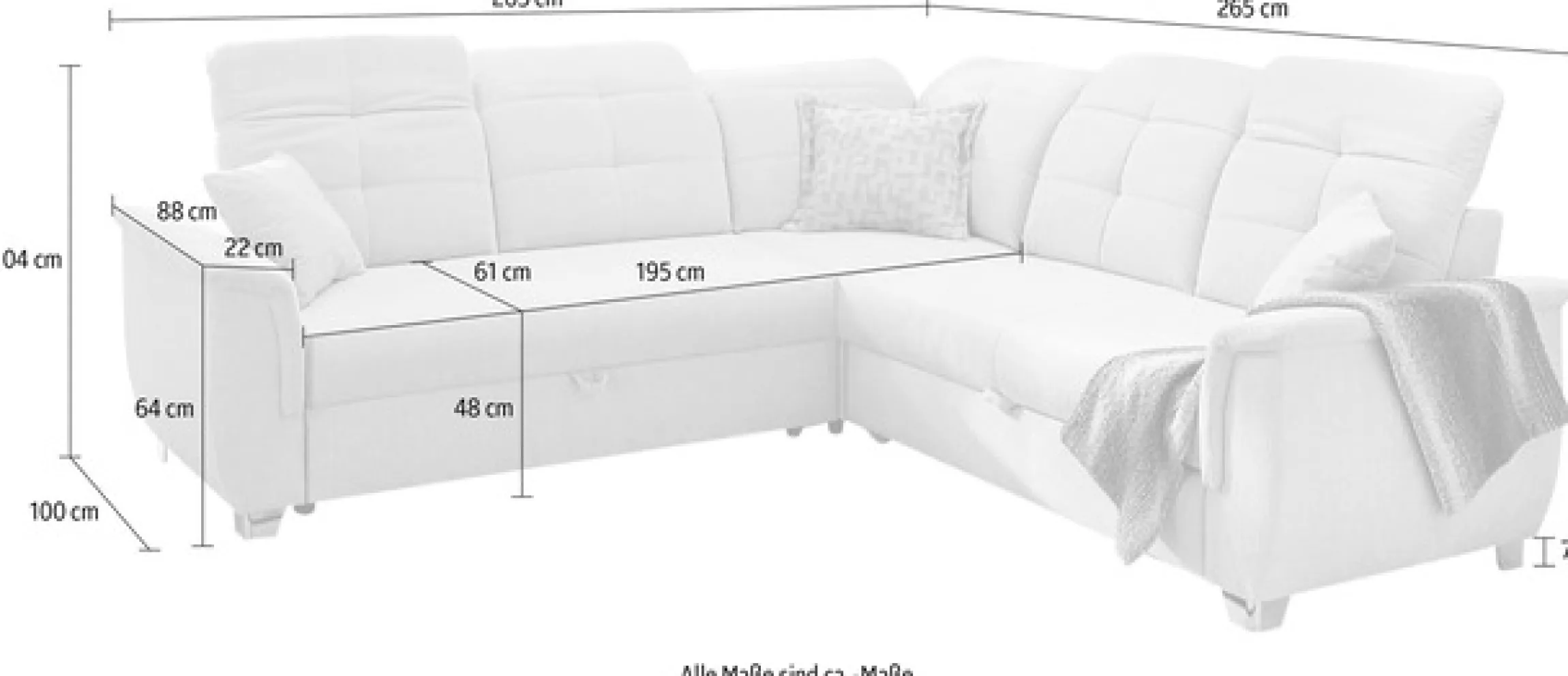 Jockenhöfer Gruppe Ecksofa »Udine L-Form, B: 263 cm« mit Schlaffunktion, Bettkasten, Kopfteilverstellung & Zierkissen