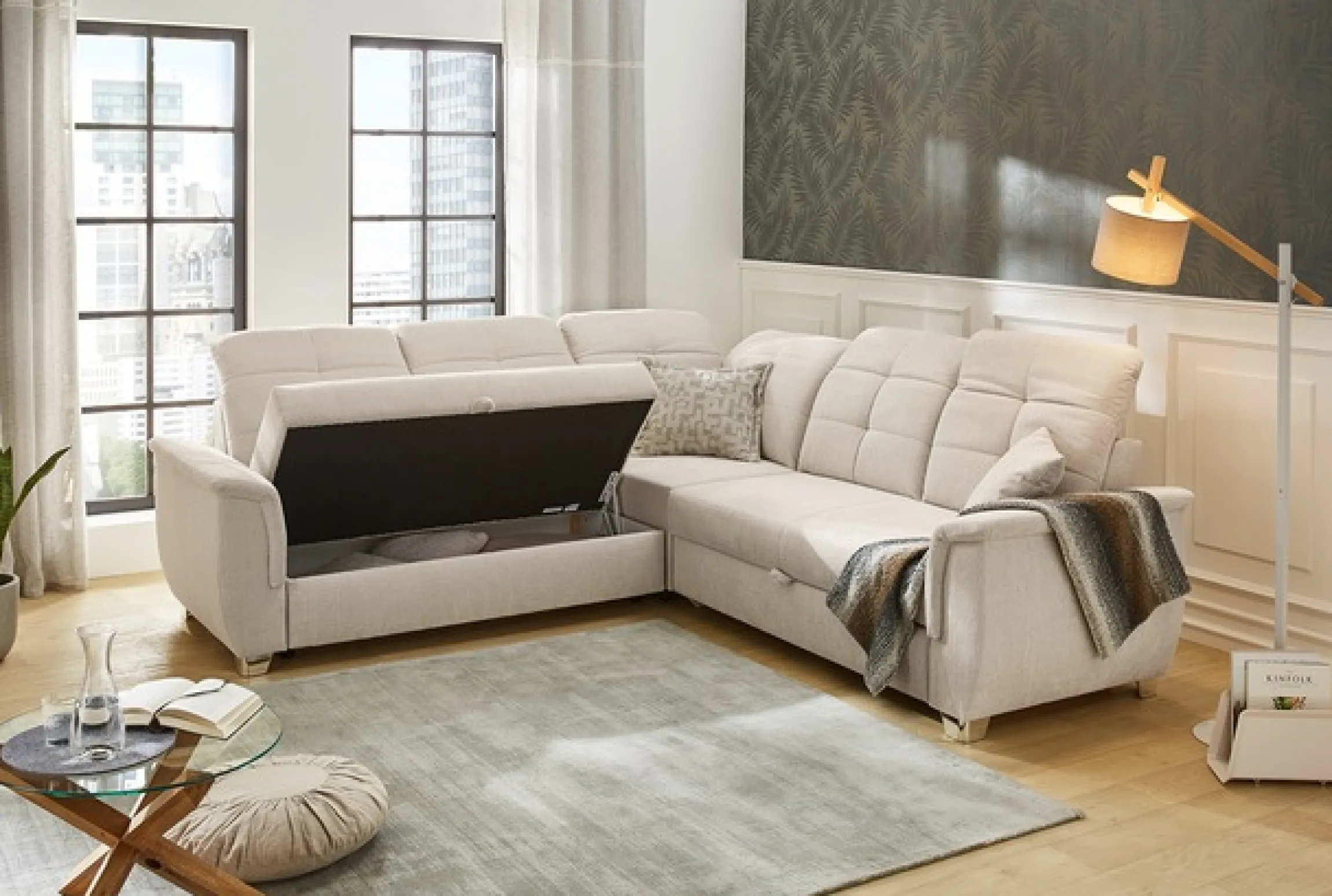 Jockenhöfer Gruppe Ecksofa »Udine L-Form, B: 263 cm« mit Schlaffunktion, Bettkasten, Kopfteilverstellung & Zierkissen