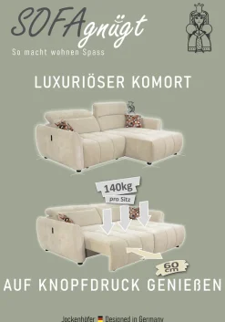 Jockenhöfer Gruppe Ecksofa »Zoom L-Form, B: 263 cm, mit 60 cm elektr. Sitztiefenverstellung« 140kg Belastbarkeit, USB-Anschluss, Kopfteilverstellung & Zierkissen