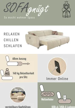 Jockenhöfer Gruppe Ecksofa »Zoom L-Form, B: 263 cm, mit 60 cm elektr. Sitztiefenverstellung« 140kg Belastbarkeit, USB-Anschluss, Kopfteilverstellung & Zierkissen