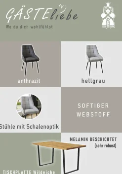 Jockenhöfer Gruppe Essgruppe »ROGER, Sitzgruppe, Esstisch 160 cm, 4 Stühle« Set, Esstisch 160 cm plus 4 Esszimmerstühle, 5 Stk. tlg. Tischplatte Wildeiche, U-Gestell, Stühle mit Webstoff