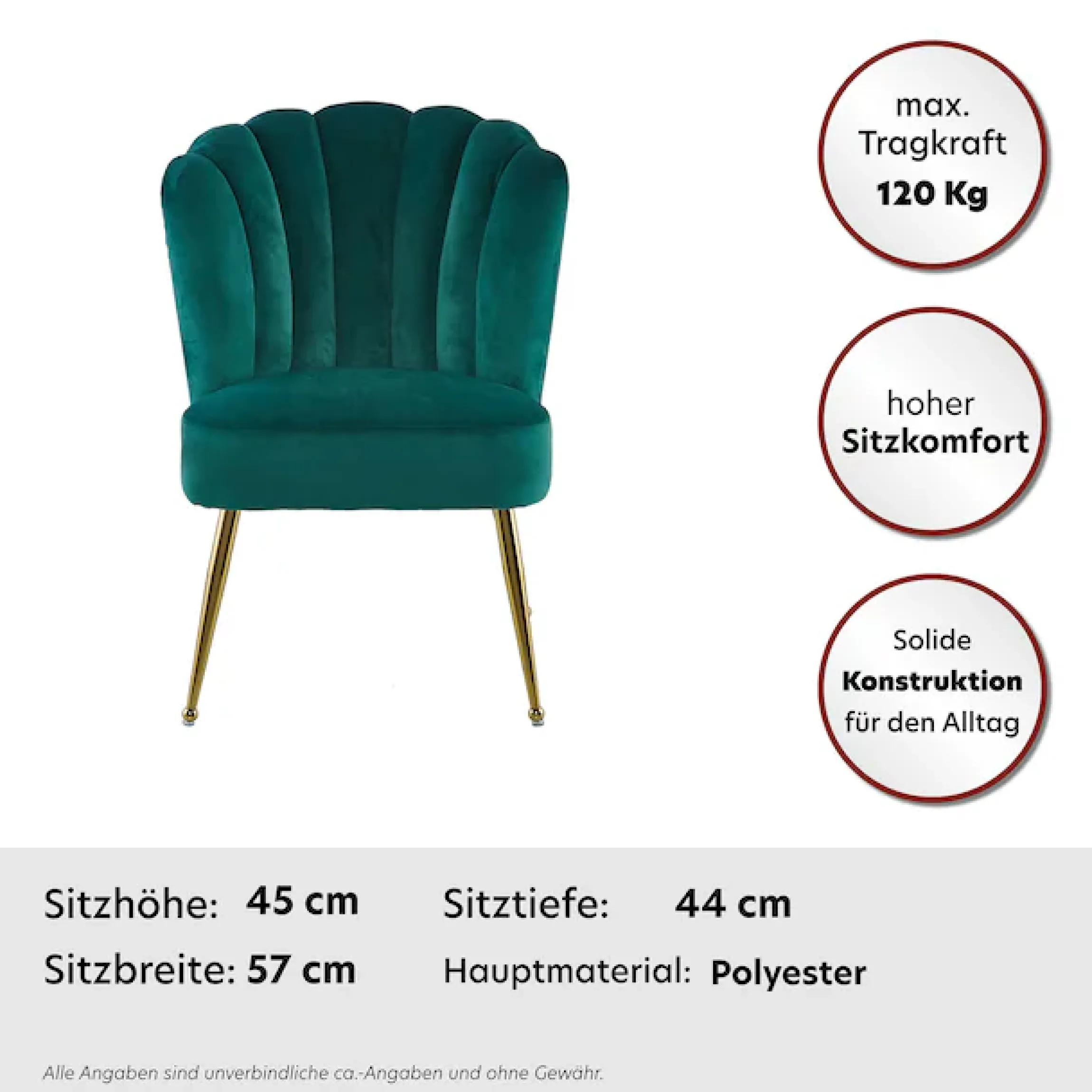 Kayoom Polsterstuhl »Stuhl Lalie 125, Rückenlehne im Retro-Stil, ausgefallene Rückenlehne« () 1 Stk.Rückenlehne in Muschel-Design, Samtbezug, goldene Metallbeine