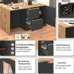 KOCHSTATION Kücheninsel »KS-Sole, Kochinsel, Küchenarbeitsblock, Inselküche, Arbeitsinsel« Breite 152,5 cm, mit Essplatz, Handtuchhalter, Fächer und Weinregal