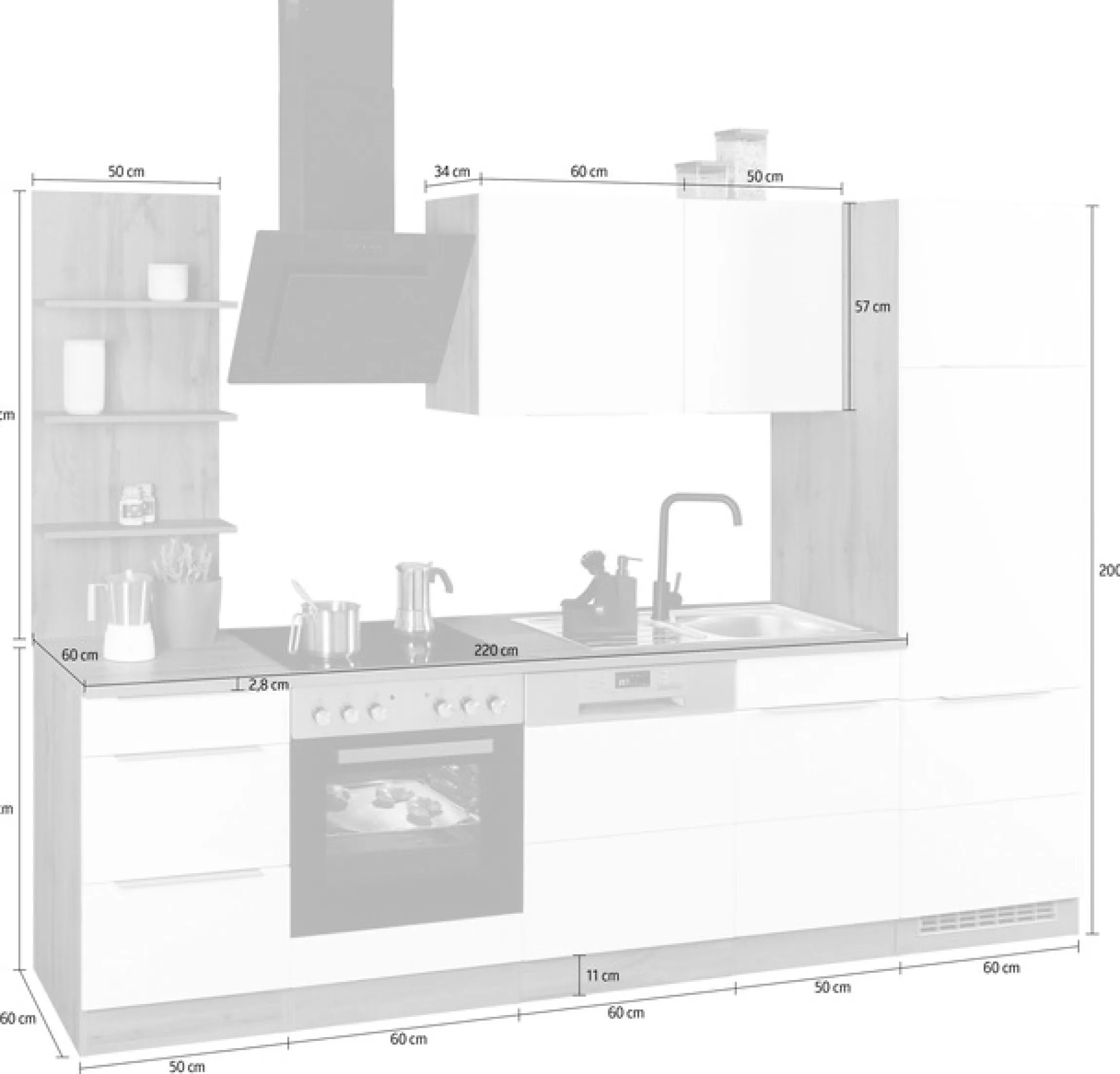 KOCHSTATION Küchenzeile »KS-Brindisi« Breite 280 cm, wahlweise mit E-Geräten, mit MDF-Fronten und Regal