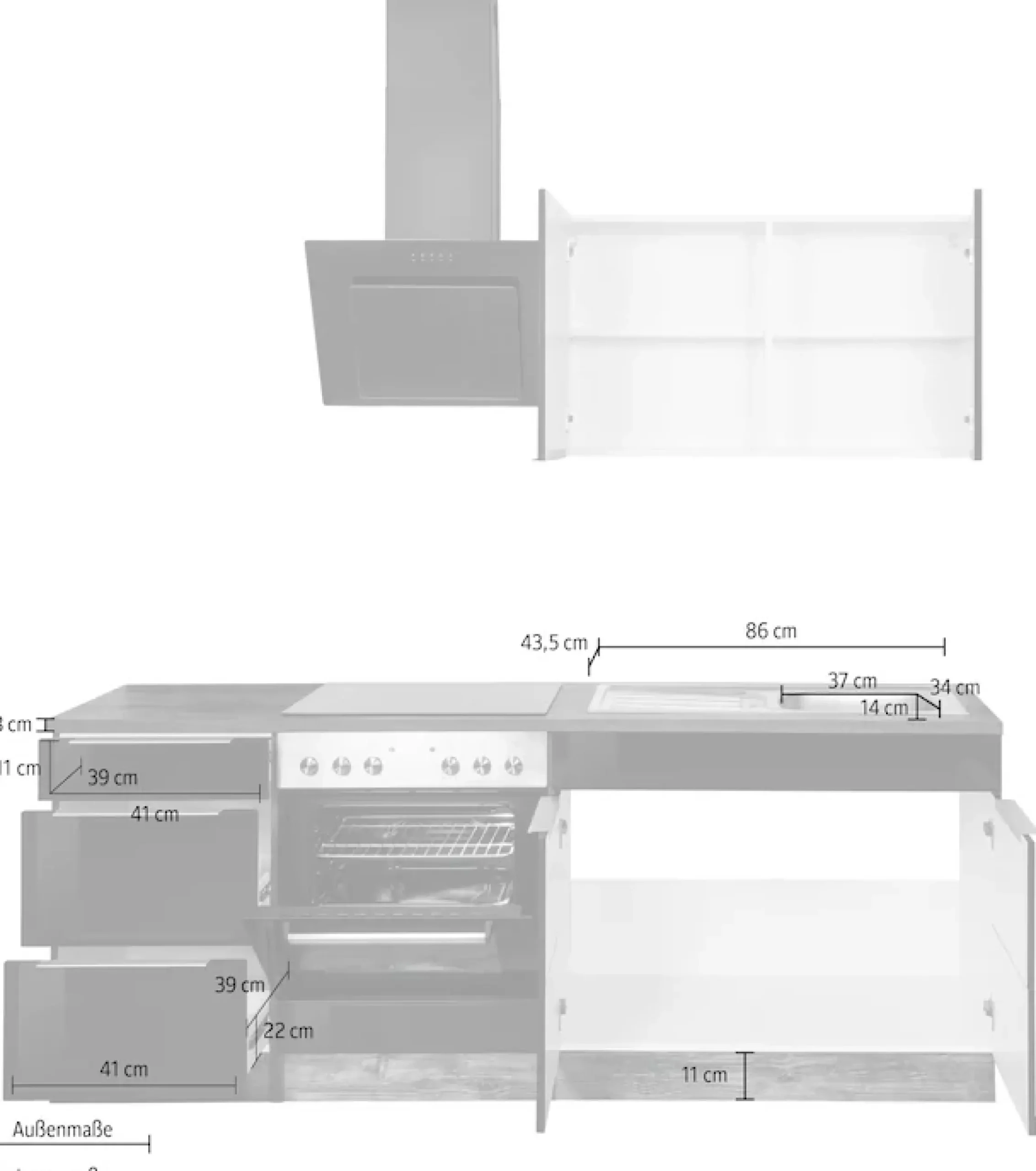KOCHSTATION Küchenzeile »KS-Brindisi« Breite 210 cm, wahlweise mit E-Geräten, mit MDF-Fronten