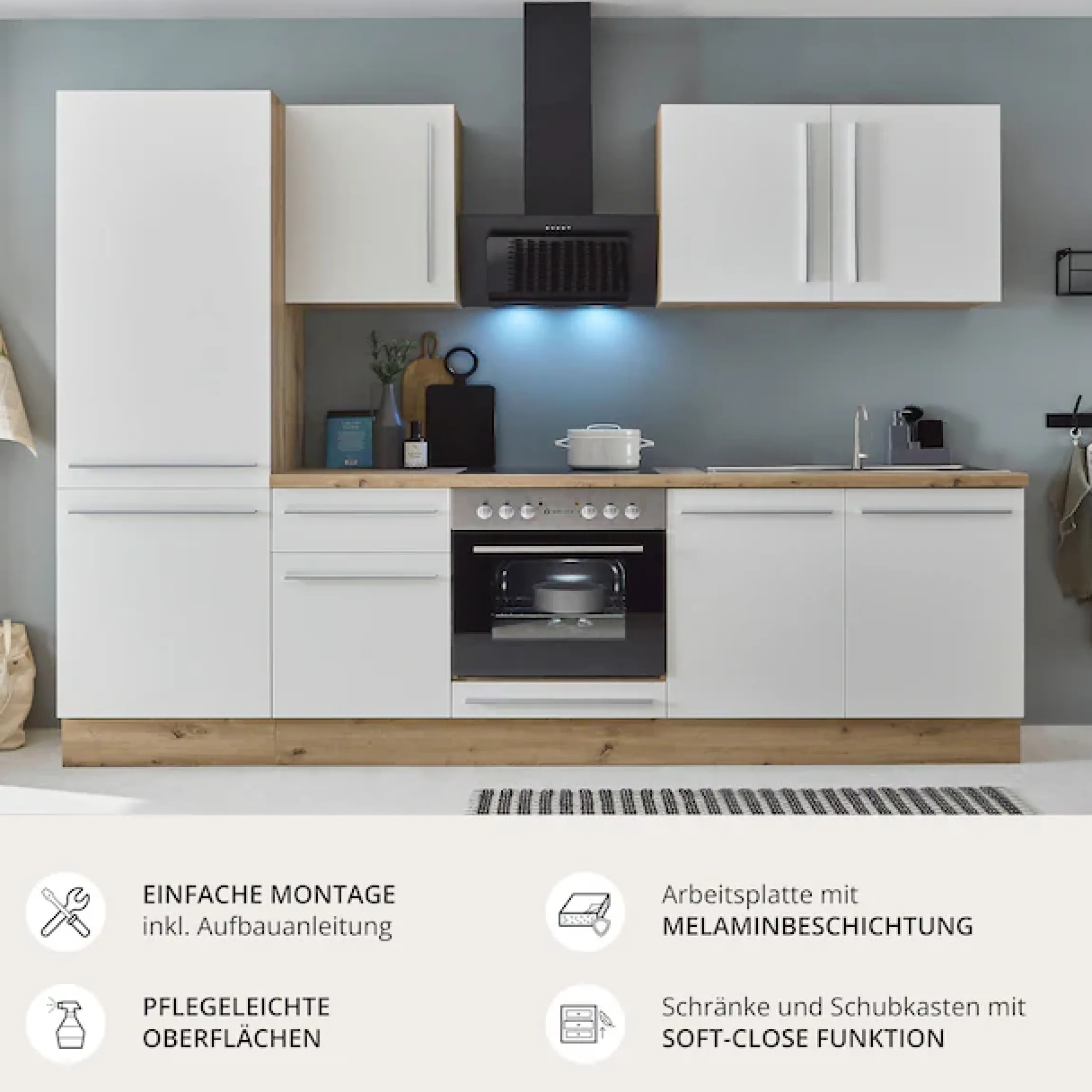 KOCHSTATION Küchenzeile »KS-Florida mit 38mm starker Arbeitsplatte« Breite 270 cm, wahlweise mit E-Geräten, Soft-Close-Funktion