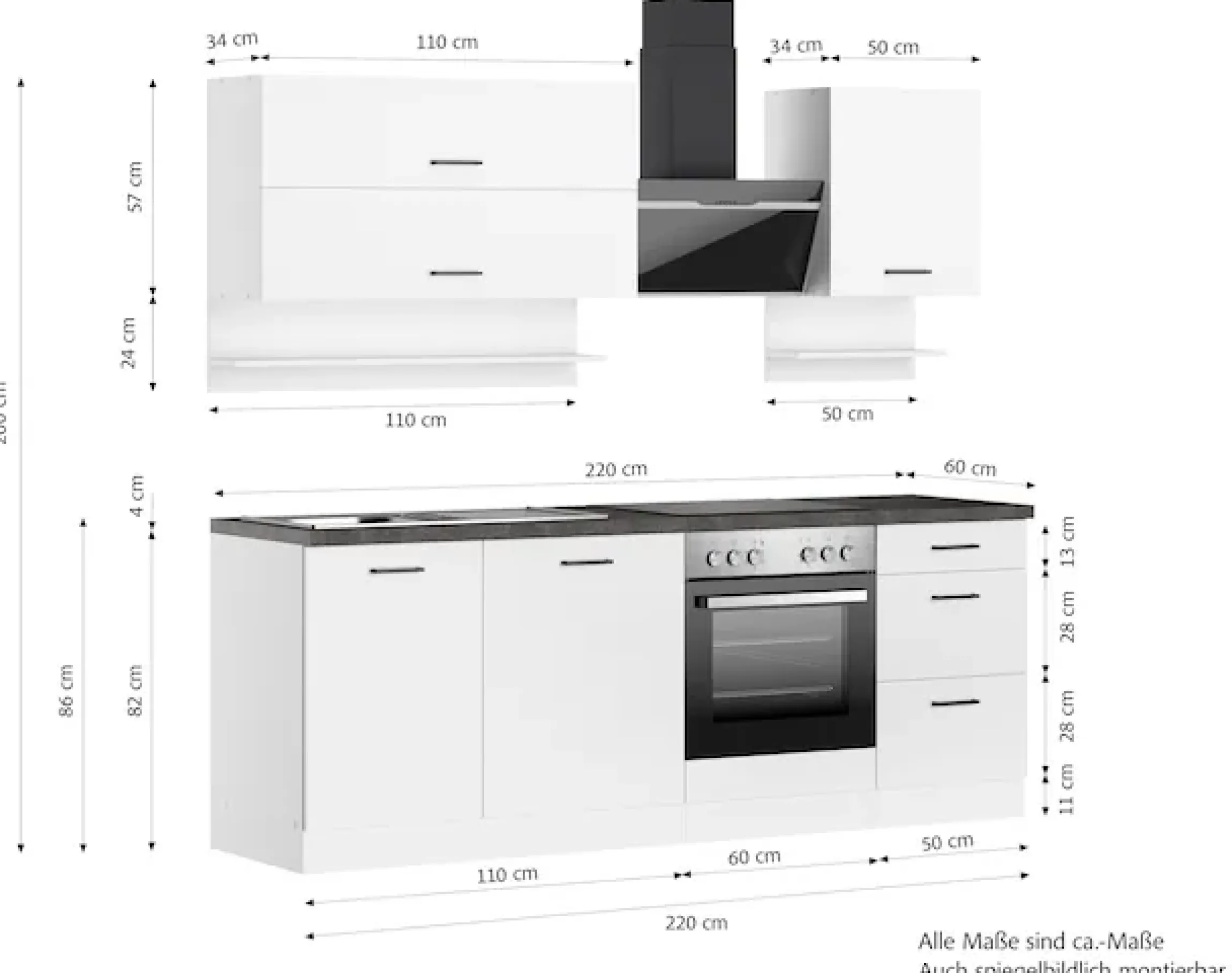 KOCHSTATION Küchenzeile »KS-Frieda Breite 220 cm« wahlweise mit E-Geräten, mit 38mm starker Arbeitsplatte