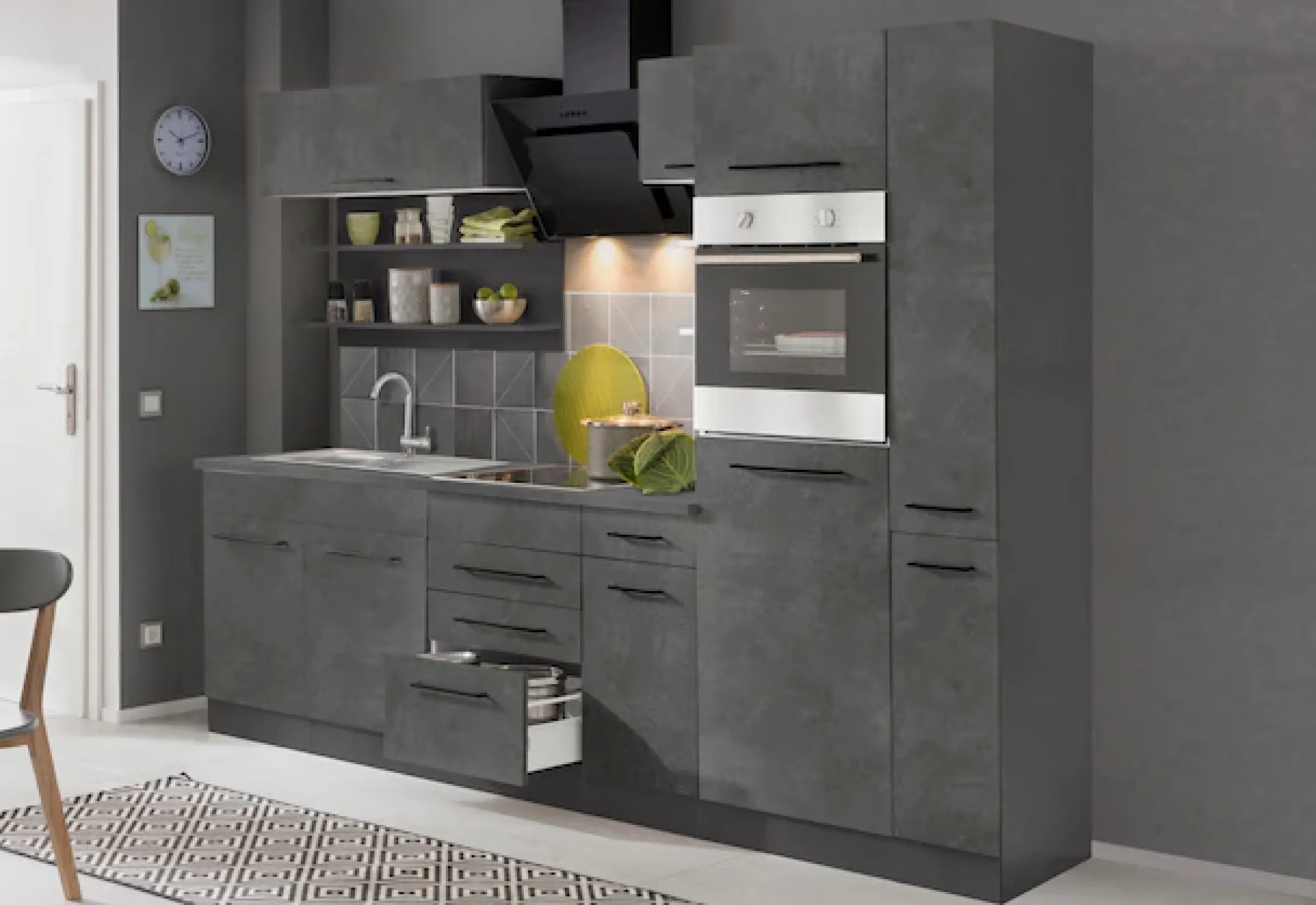 KOCHSTATION Küchenzeile »KS-Tulsa« ohne E-Geräte, Breite 270 cm, schwarze Metallgriffe, MDF Fronten