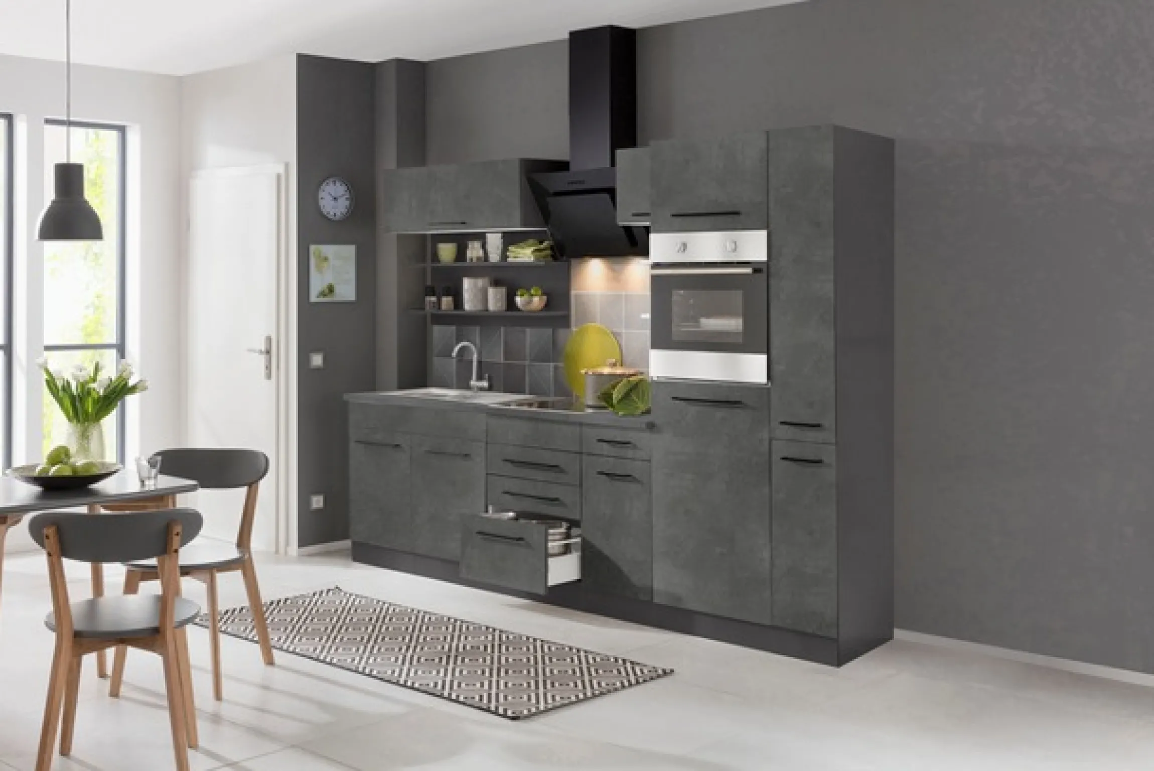 KOCHSTATION Küchenzeile »KS-Tulsa« ohne E-Geräte, Breite 270 cm, schwarze Metallgriffe, MDF Fronten