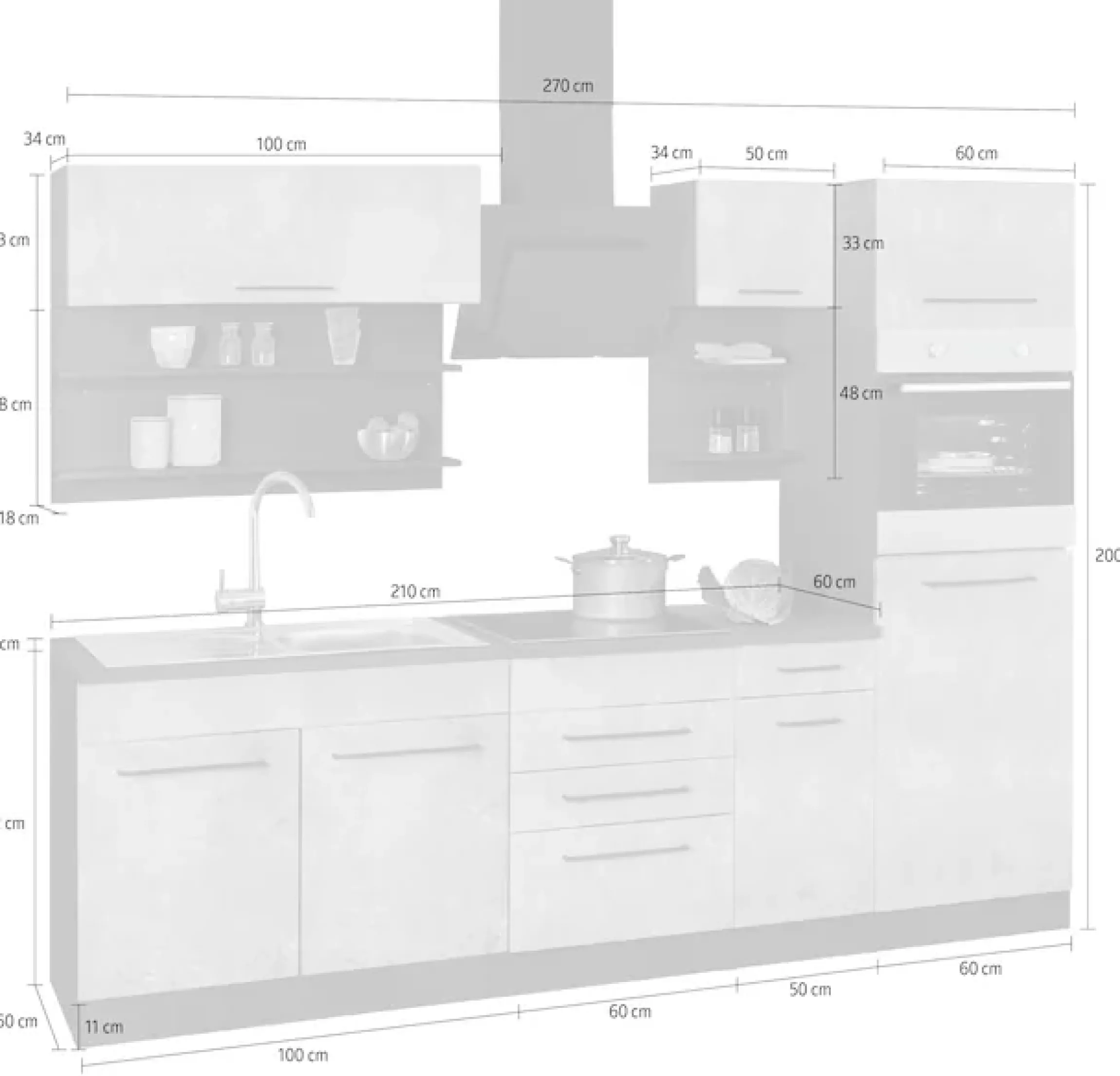 KOCHSTATION Küchenzeile »KS-Tulsa« ohne E-Geräte, Breite 270 cm, schwarze Metallgriffe, MDF Fronten