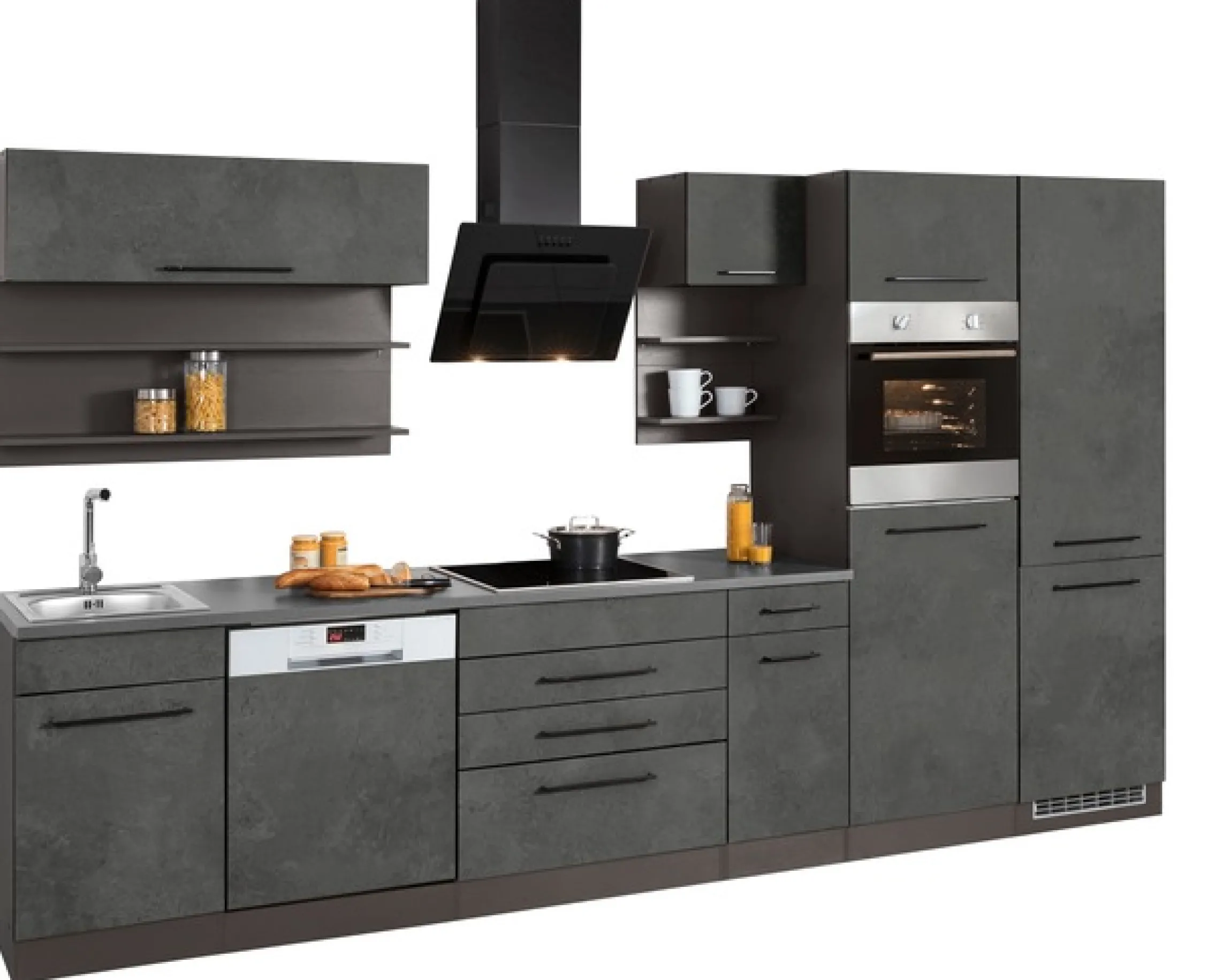 KOCHSTATION Küchenzeile »KS-Tulsa« ohne E-Geräte, Breite 350 cm, schwarze Metallgriffe, MDF Fronten