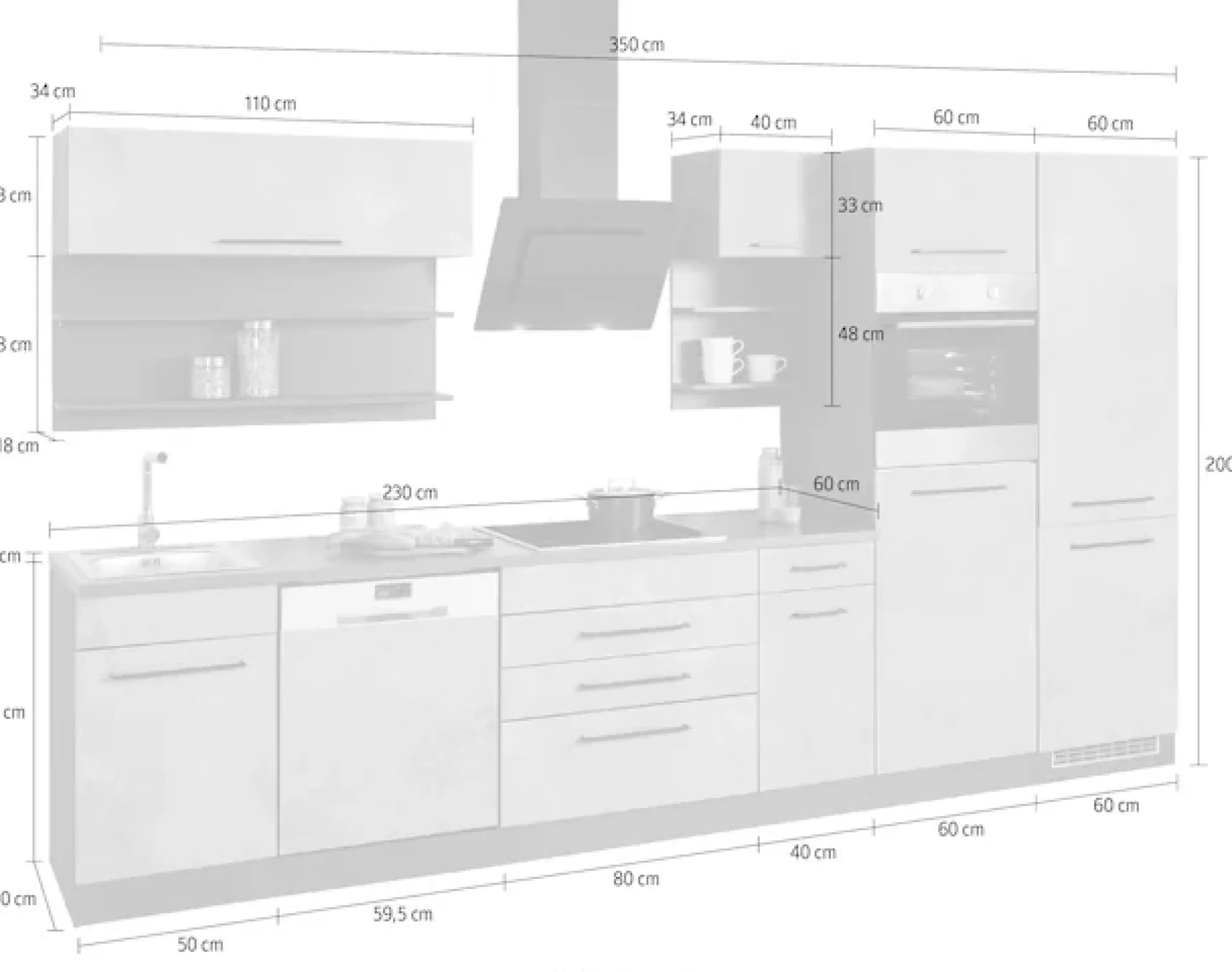 KOCHSTATION Küchenzeile »KS-Tulsa« ohne E-Geräte, Breite 350 cm, schwarze Metallgriffe, MDF Fronten